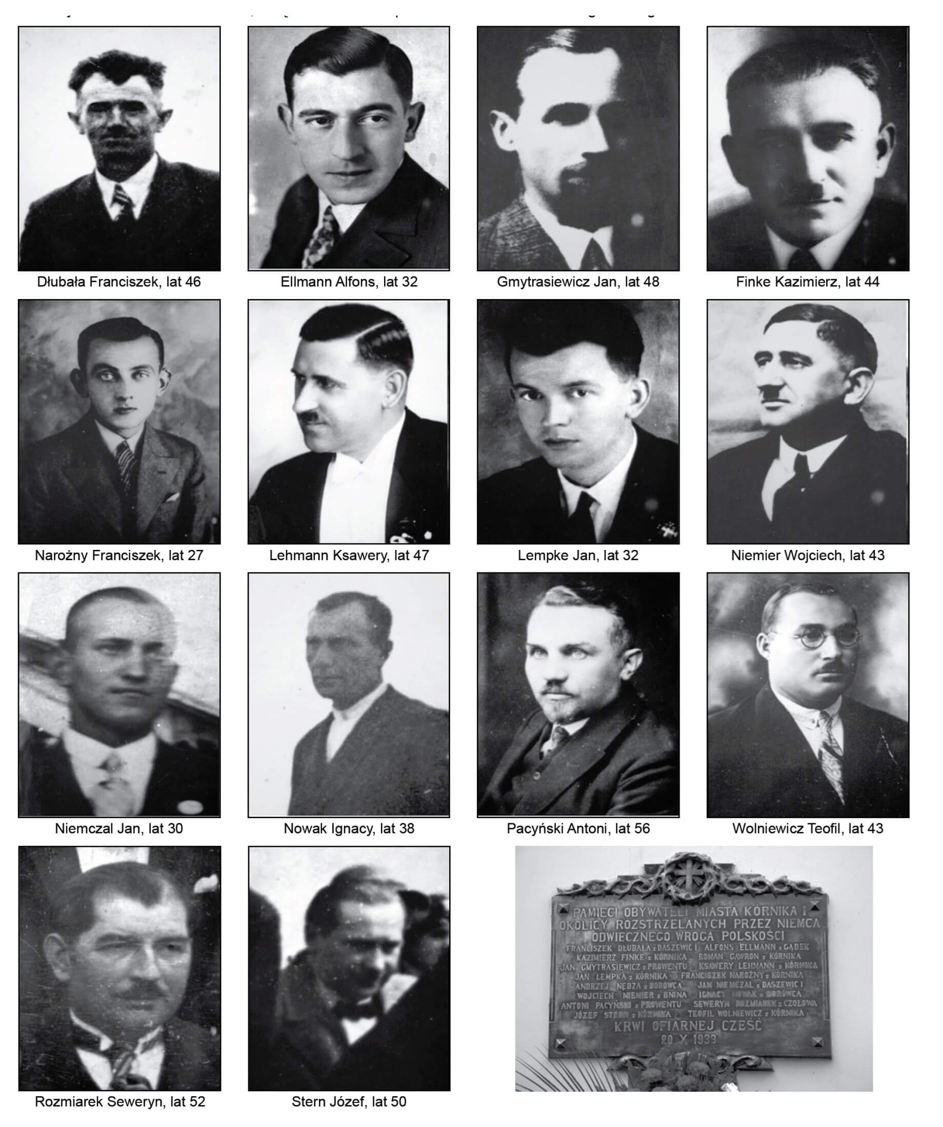 Portrety 14 rozstrzelanych obywateli oraz tablica pamiątkowa
